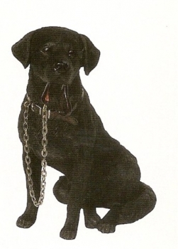 Hundefigur Labrador schwarz sitzend mit Leine im Maul