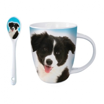 Kakaotasse Motiv Border Collie mit Löffel