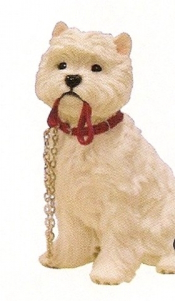 Hundefigur Westie sitzend mit Leine im Maul