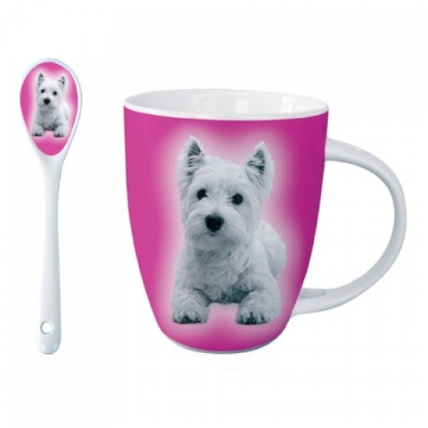 Kakaotasse Motiv West Highland White Terrier mit Löffel