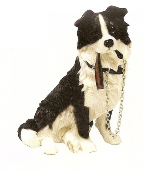 Hundefigur Border Collie sitzend mit Leine im Maul